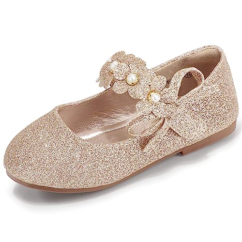 PANDANINJIA Toddler Girls Dress Shoes Flower Girl Flats Pearls Bow Mary Jane Wedding Party Gold Shoes Flora Size 7(Gold Glitter,7 M US Toddler) - Image 1