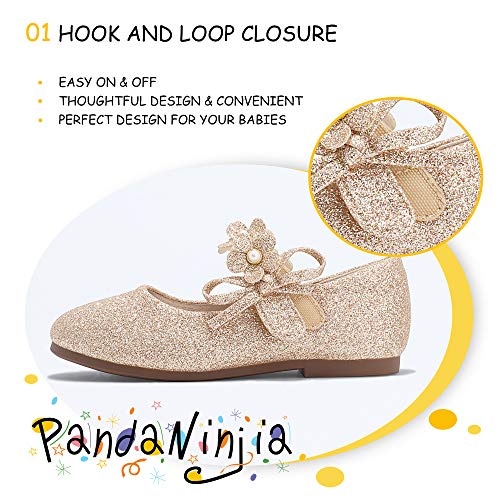 PANDANINJIA Toddler Girls Dress Shoes Flower Girl Flats Pearls Bow Mary Jane Wedding Party Gold Shoes Flora Size 7(Gold Glitter,7 M US Toddler) - Image 3