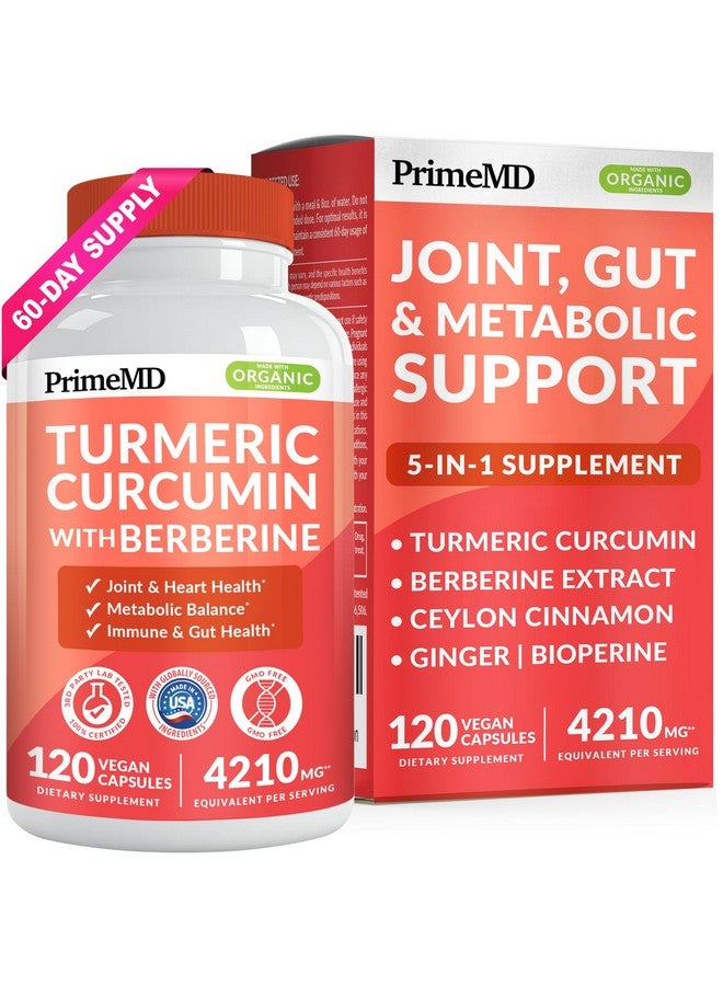 PrimeMD 5-in-1 Organic Turmeric Curcumin Supplement (4210mg) with Berberine, Ceylon Cinnamon Bioperine and Ginger Supplements for Joint, Heart, Gut, & Metabolic Support (120 ct) - Image 1