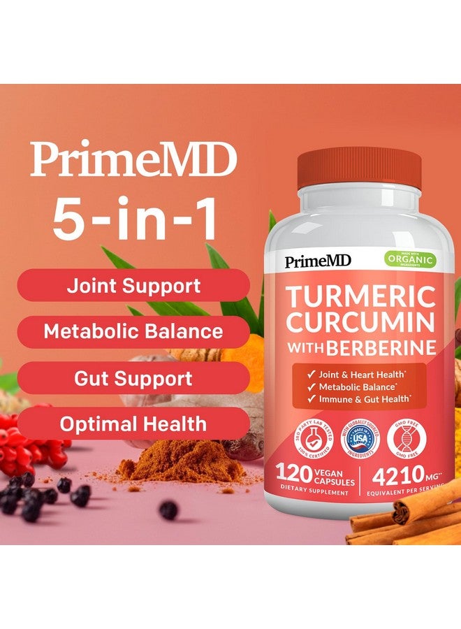 PrimeMD 5-in-1 Organic Turmeric Curcumin Supplement (4210mg) with Berberine, Ceylon Cinnamon Bioperine and Ginger Supplements for Joint, Heart, Gut, & Metabolic Support (120 ct) - Image 2