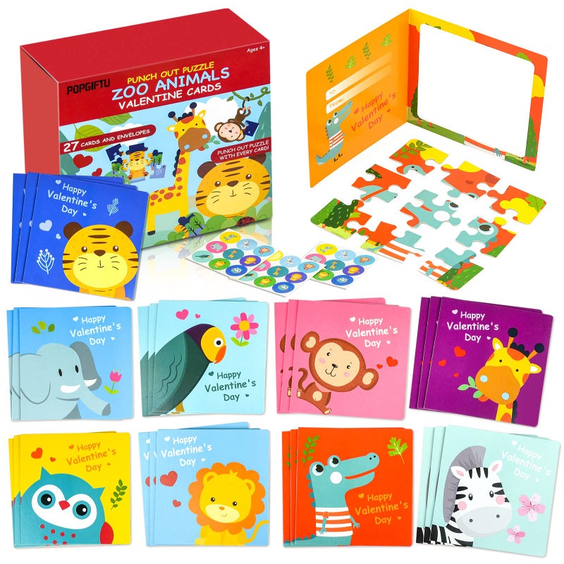 POPGIFTU Valentines Day Puzzle Cards for Kids, 27 Pack Animal Jigsaw Puzzle Cards with Envelopes & Stickers Bulk for Classroom Gift Exchange, Valentine Party Favors for School Toddlers Girls Boys Class Prizes - Image 1