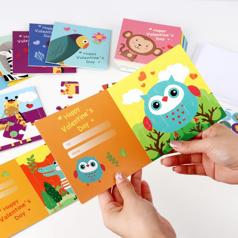 POPGIFTU Valentines Day Puzzle Cards for Kids, 27 Pack Animal Jigsaw Puzzle Cards with Envelopes & Stickers Bulk for Classroom Gift Exchange, Valentine Party Favors for School Toddlers Girls Boys Class Prizes - Image 5