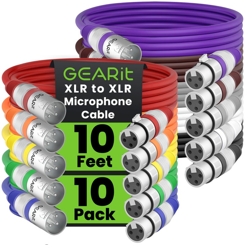 GEARit XLR Male to Female Microphone Cable (10 Feet, 10 Pack) 3-Pin Balanced Shielded Mixer, Recording Studio, Podcast - Multi Colored - Image 1