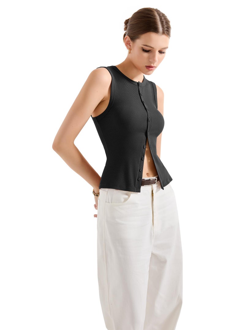 SUUKSESS Women Button Down Going Out Trendy Tops Ribbed Sexy Vest Y2K Tank Tops (Black, M) - Image 3