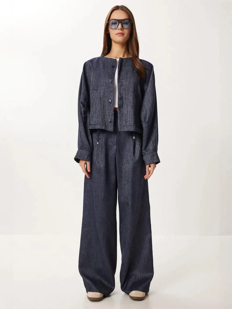 Lovely Istanbul ISTANBUL Buttoned Jacket Wide Leg Satin Look Two-Piece Set