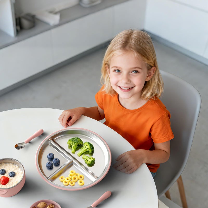 Bakpoco Stainless Steel Suction Plates for Toddlers, 9" Divided Kids Baby Plates with Removable Silicone Suction, Non Toxic Non Slip Portion Control Snack Dishes 3 Packs, Blue Gray Blush - Image 4
