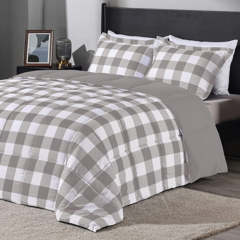 downluxe Lightweight Plaid Comforter Set (Queen) with 2 Pillow Sham - 3-Piece Set - Grey/White Plaid - Down Alternative Reversible Comforter - Image 1