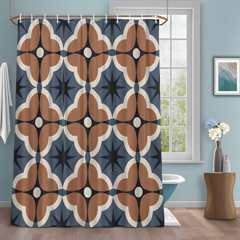 Brown Flower Shower Curtain with 12 Hooks Vintage Blue Color Blocks Abstract Modern Waterproof Fabric Shower Curtains Sets for Bathroom Bath Decorations, Machine Washable, 72"x72" - Image 1