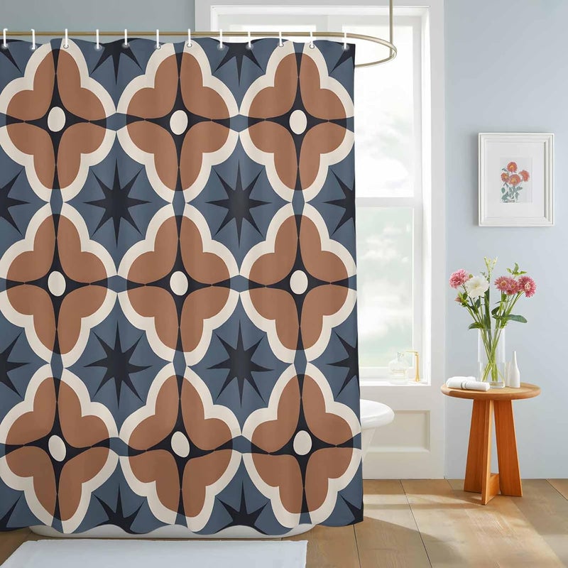 Brown Flower Shower Curtain with 12 Hooks Vintage Blue Color Blocks Abstract Modern Waterproof Fabric Shower Curtains Sets for Bathroom Bath Decorations, Machine Washable, 72"x72" - Image 3