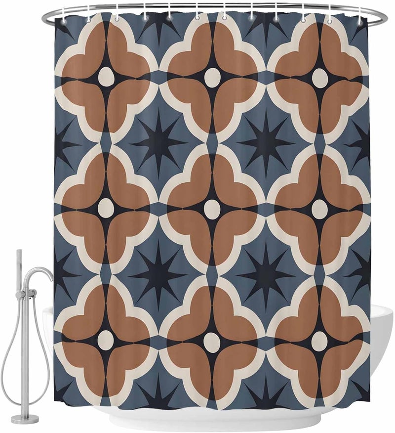 Brown Flower Shower Curtain with 12 Hooks Vintage Blue Color Blocks Abstract Modern Waterproof Fabric Shower Curtains Sets for Bathroom Bath Decorations, Machine Washable, 72"x72" - Image 2