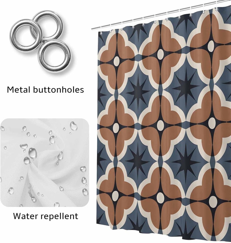 Brown Flower Shower Curtain with 12 Hooks Vintage Blue Color Blocks Abstract Modern Waterproof Fabric Shower Curtains Sets for Bathroom Bath Decorations, Machine Washable, 72"x72" - Image 4
