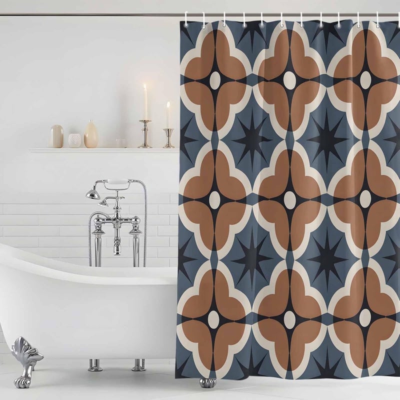 Brown Flower Shower Curtain with 12 Hooks Vintage Blue Color Blocks Abstract Modern Waterproof Fabric Shower Curtains Sets for Bathroom Bath Decorations, Machine Washable, 72"x72" - Image 5