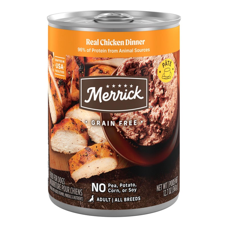 Merrick Grain Free Premium And Natural Canned Dog Food Soft And Healthy Wet Recipe Real Chicken Dinner Pack of 12 127 oz Cans
