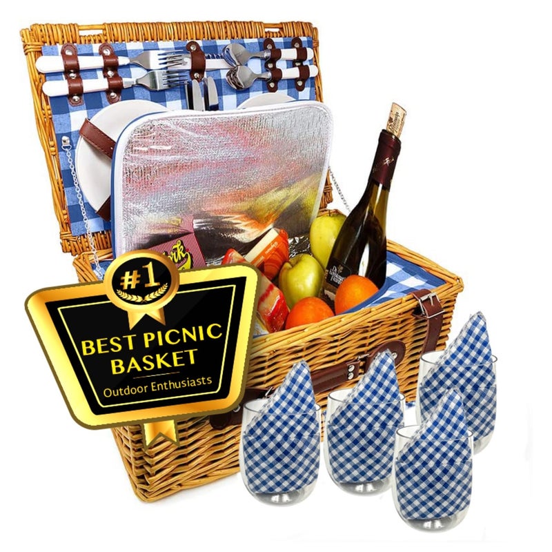 Nature Gear Picnic Basket Wicker Basket with Handle for Outdoors Insulated Woven Basket Includes a Service Kit of Dinnerware  Wine Glasses Picnic Basket Set for 4 Blue  White