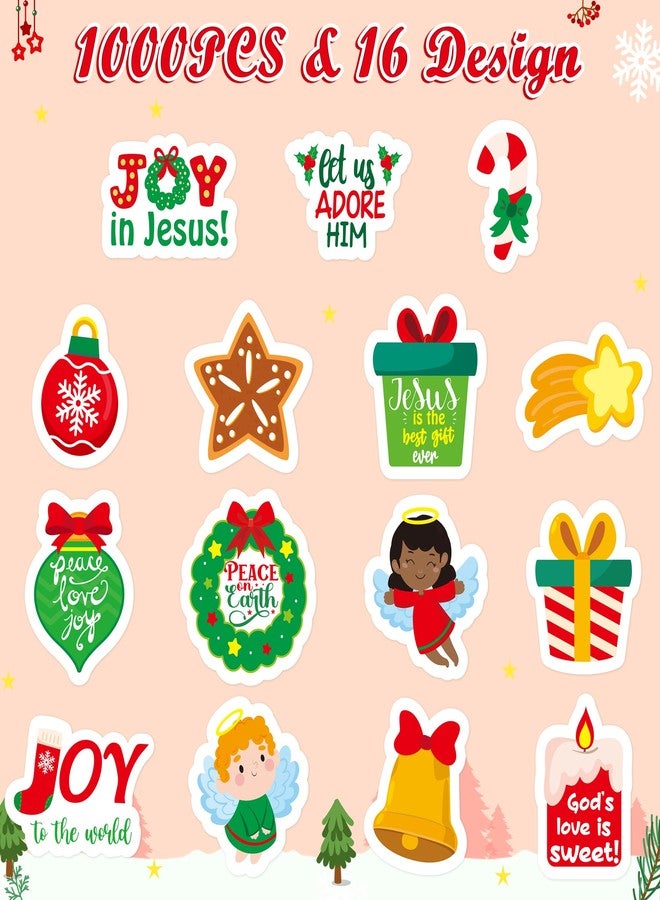 Haooryx 1000pcs Religious Christmas Sticker Rolls, 16 Designs Cartoon Christmas Theme Candy Canes Sticker Decals Cute Educational Christian Sticker for Kids Sunday School VBS Supplies - Image 2