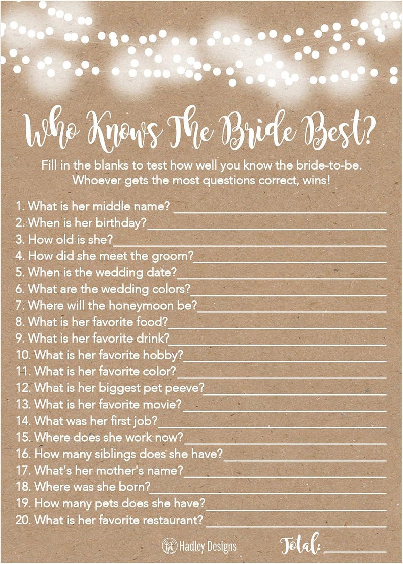 Hadley Designs 25 Kraft Rustic How Well Do You Know The Bride Bridal Wedding Shower Game Cards - Image 1