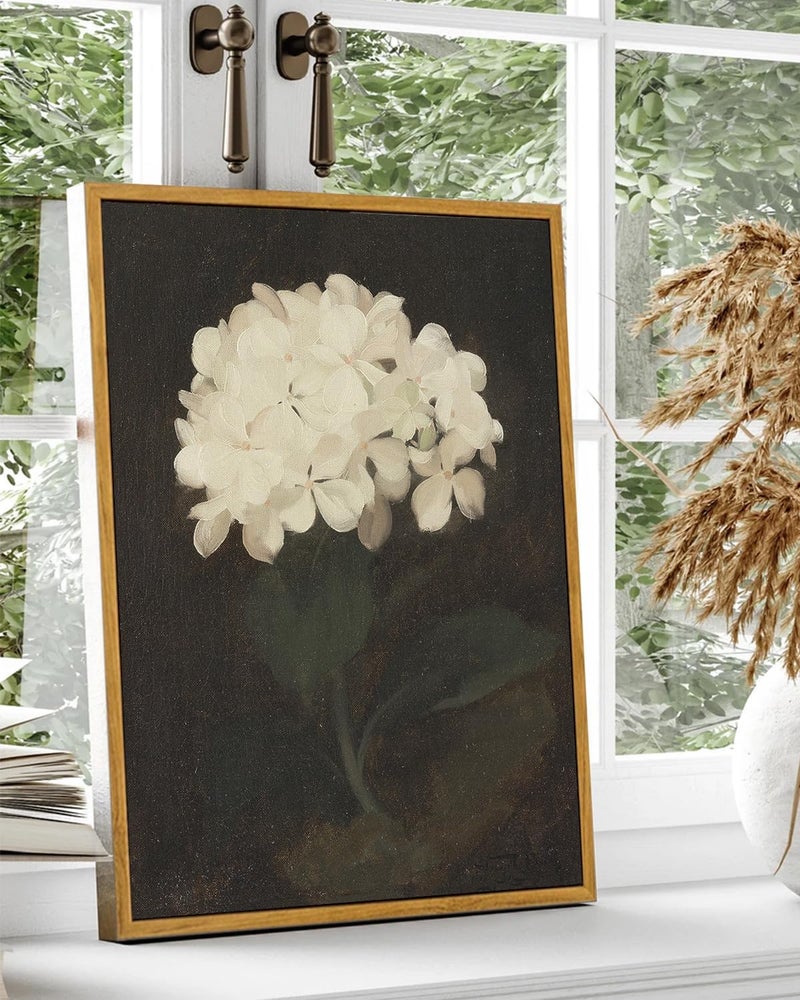 KBKBART Framed Wall Art Vintage Wall Art Room Decor, White Hydrangea Still Life Flower Canvas Oil Painting Prints, Classical Floral Wall Decor, Bedroom Bathroom Pictures Artwork（16“x24 - Image 2