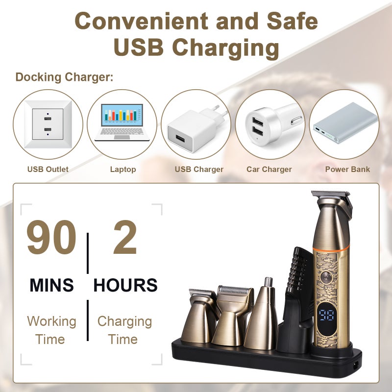 Electric Hair Clippers: 5W Powerful Motor Sharp Blades, USB Cordless Rechargeable 90Min Runtime, 4 Guide Combs - Digital Display Vintage Gold Full Metal Body, Hair Trimmer for Beginner Professional Ba - Image 3