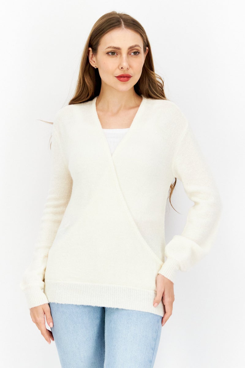 NA-KD Women Surplice Neck Long Sleeve Knitted Sweater, Cream - Image 1
