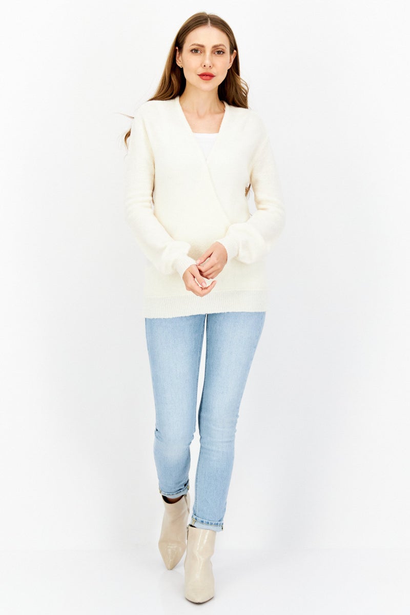 NA-KD Women Surplice Neck Long Sleeve Knitted Sweater, Cream - Image 4