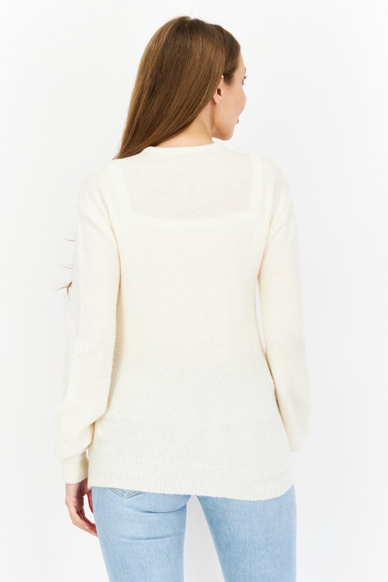 NA-KD Women Surplice Neck Long Sleeve Knitted Sweater, Cream - Image 2