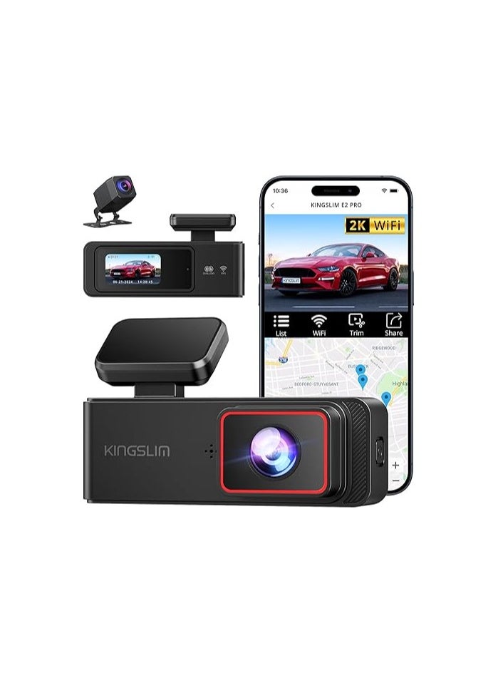 KINGSLIM E2 Pro Front 2K + Rear 1080P WiFi Dual Channel Dash Camera for Cars Parking Monitor, Loop Recording, supports memory card up to 256GB