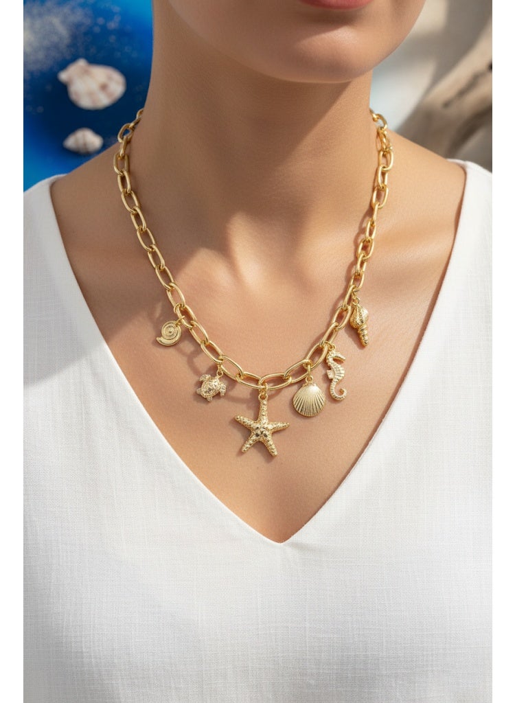 فلافي سلسلة حريمي ذهبية بدلايات بحرية مرصعة بالكريستال – تصميم أنيق - Image 1