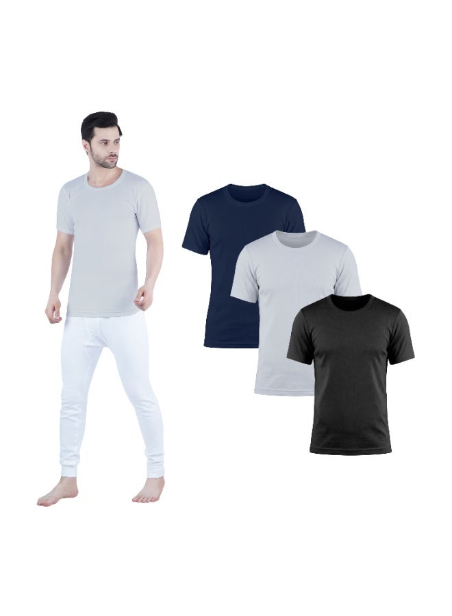 WHITE LEAF Men's Round Neck Undershirt Vest Half Sleeve 3PCS Pack – 100% Combed Cotton Breathable Innerwear, BK/GYM/NV - Image 1