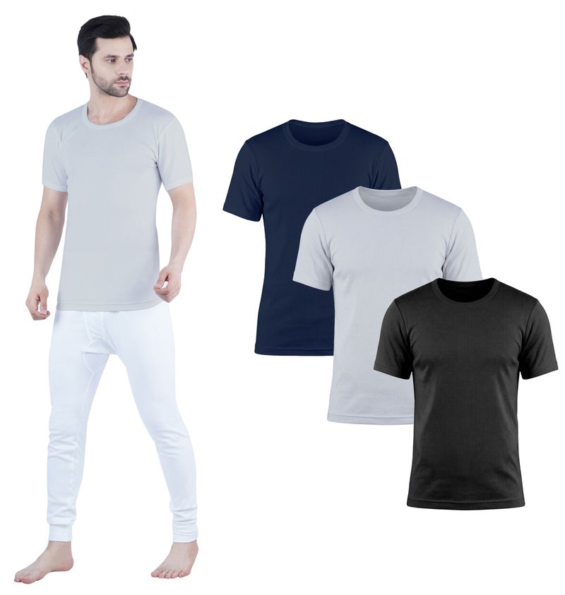 WHITE LEAF Men's Round Neck Undershirt Vest Half Sleeve 3PCS Pack – 100% Combed Cotton Breathable Innerwear, BK/GYM/NV - Image 1