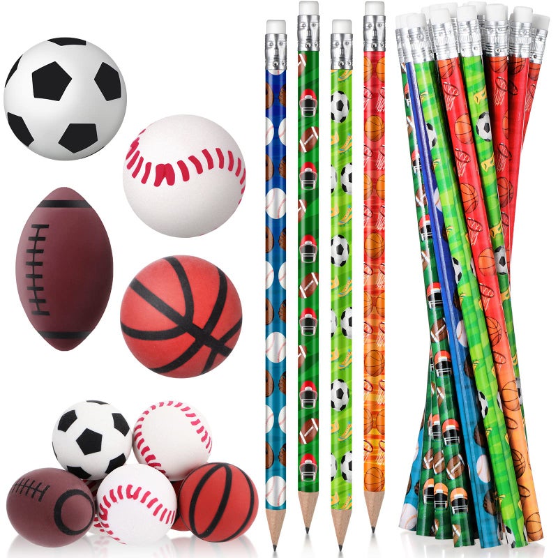TaoBary 32 Pcs Sport Pencils for Kids Soccer Baseball Football Basketball Wooden Pencils with Ball Eraser for School Stationery Party Reward Students Teachers Office Supplies(Multi Balls) - Image 1