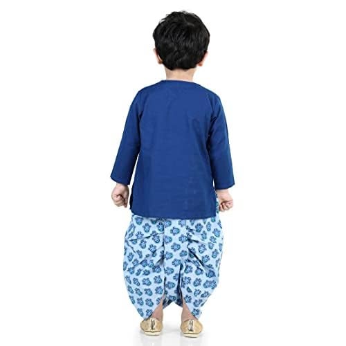 BownBee Ethnic Wear Cotton Kurta Dhoti Set for Boys, Front Open Giraffe Embroidered With Full Sleeves and V Neckline (Blue, 0-3 Months) - Image 2