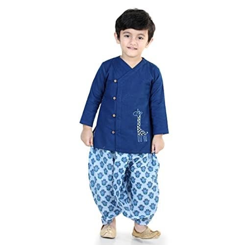 BownBee Ethnic Wear Cotton Kurta Dhoti Set for Boys, Front Open Giraffe Embroidered With Full Sleeves and V Neckline (Blue, 0-3 Months) - Image 5