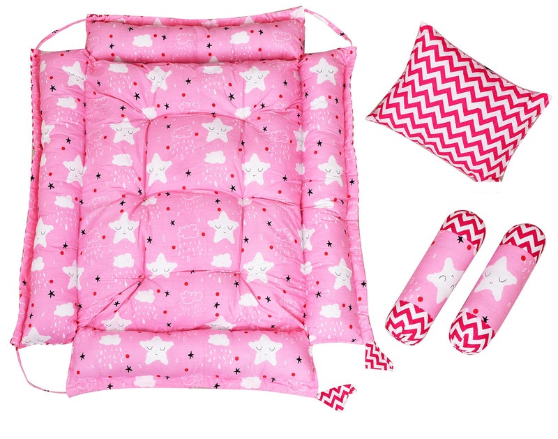 Remixon REMIXON Pink 3 Pillows & Square Shape Cotton Baby Bed for 0-1 Year BB06  - Image 3