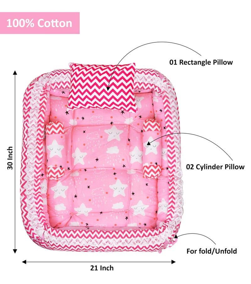 Remixon REMIXON Pink 3 Pillows & Square Shape Cotton Baby Bed for 0-1 Year BB06  - Image 5