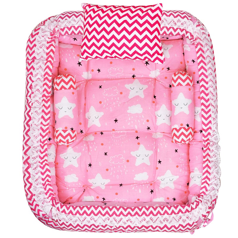 Remixon REMIXON Pink 3 Pillows & Square Shape Cotton Baby Bed for 0-1 Year BB06  - Image 1