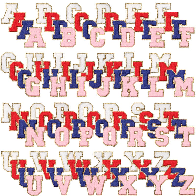104 Pcs Letter Patch Iron on Chenille AZ Repair Alphabet Applique Patches Embroidered Letter Sew on with Gold Border for Bags Shirts236Bright Color