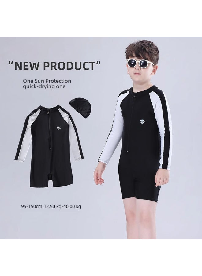 Loquat Children's Swimsuit Boys' Long-sleeved Sun Protection Professional Quick-drying One-piece Swimsuit Ins Boys' Baby Medium And Small Children's Clothing-Color:Black And White Panda- - Image 2