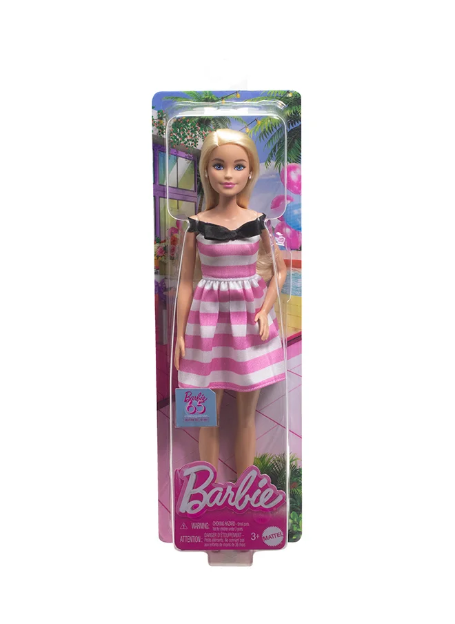 Barbie 65th Anniversary Fashion Doll with Blonde Hair, Pink Striped Dress and Accessories