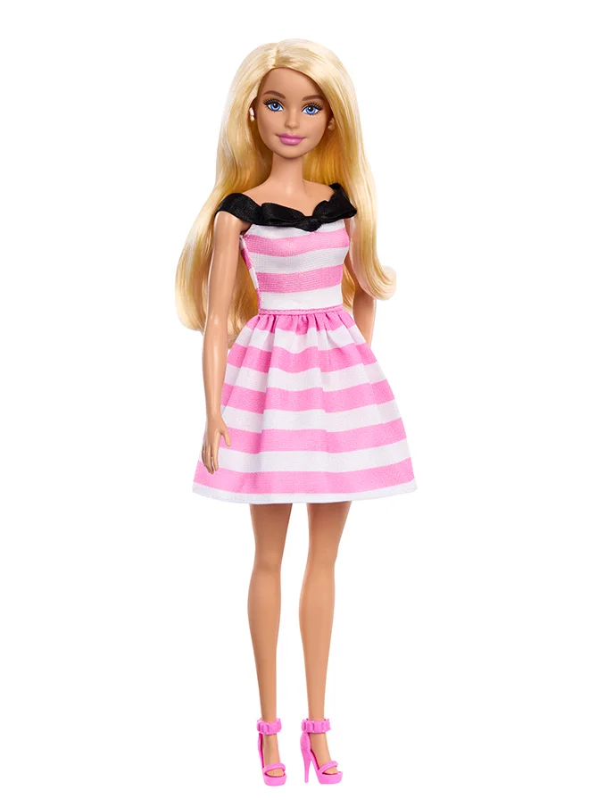 Barbie 65th Anniversary Fashion Doll with Blonde Hair, Pink Striped Dress and Accessories
