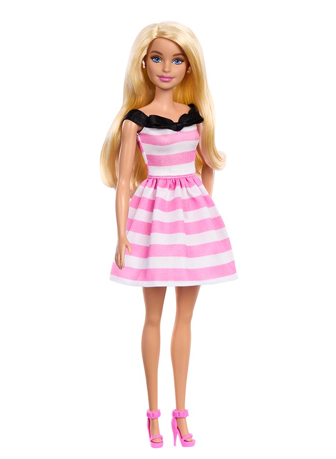 Barbie 65th Anniversary Fashion Doll with Blonde Hair, Pink Striped Dress and Accessories - Image 1