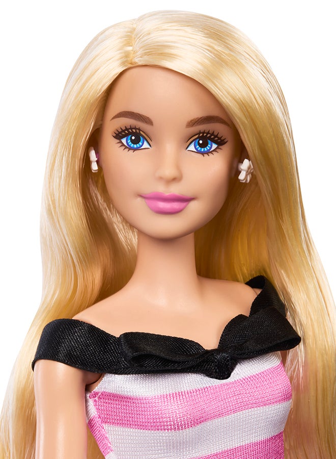 Barbie 65th Anniversary Fashion Doll with Blonde Hair, Pink Striped Dress and Accessories - Image 2