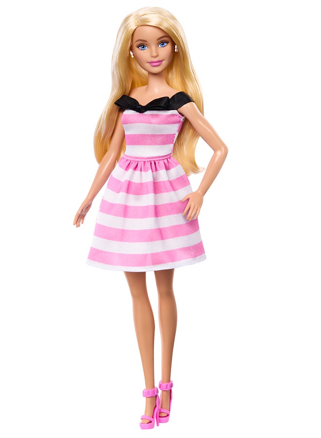 Barbie 65th Anniversary Fashion Doll with Blonde Hair, Pink Striped Dress and Accessories - Image 5