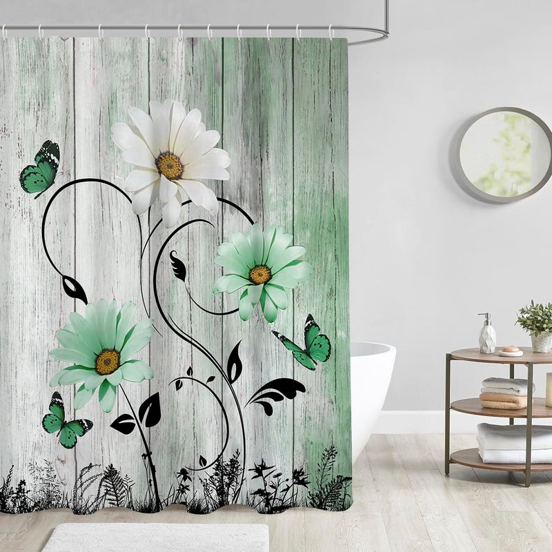 AAtter Green Floral Shower Curtain Rustic Flower Country White Daisy Butterfly Sage Mint Black Boho Bright Pretty Polyester Home Bathroom Decor Bathtub Set with 12 Hooks  60x72  Cottagecore - Image 1