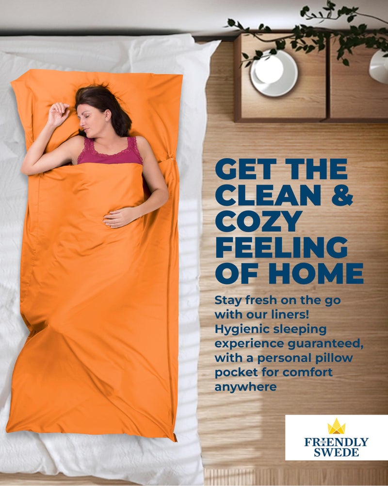 The Friendly Swede Sleeping Bag Liner - Cold Weather Camping Sheets & Adult Sleep Sack with Full Length Zipper; Microfiber Cotton Feel Soft Sheets with Stuff Sack - Orange (Zipper) - Image 5