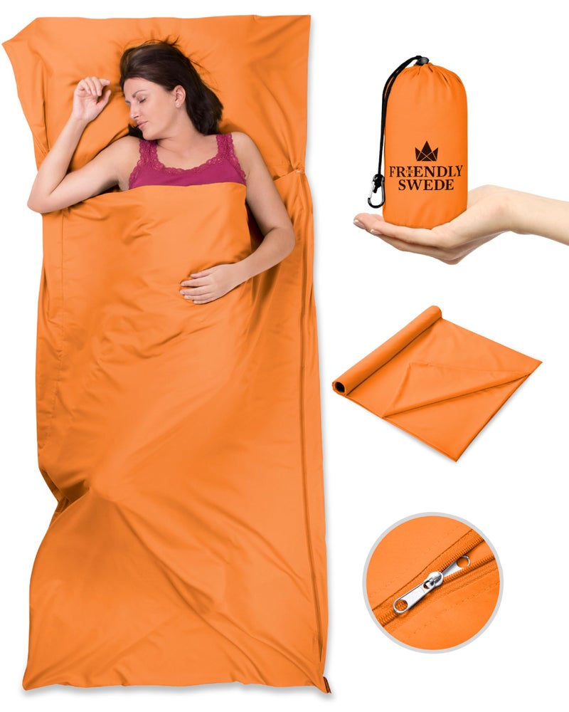 The Friendly Swede Sleeping Bag Liner - Cold Weather Camping Sheets & Adult Sleep Sack with Full Length Zipper; Microfiber Cotton Feel Soft Sheets with Stuff Sack - Orange (Zipper) - Image 1
