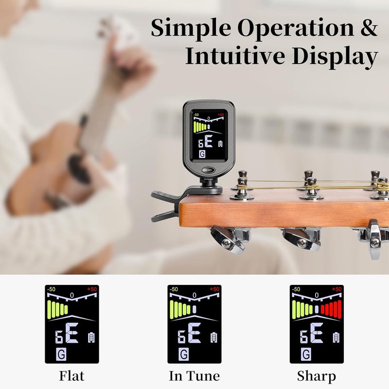 New Bee Clip-On Guitar Tuner Rechargeable with Color Screen 360° Rotatable Chromatic Tuner for Guitar, Bass, Ukulele, Violin - Image 3