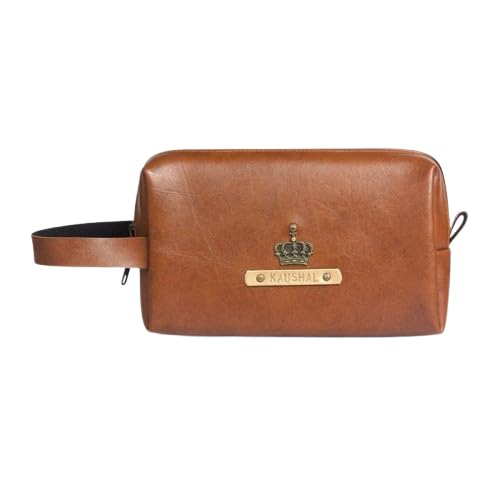 The Messy Corner Personalized Travel Pouch with Name  Charm Customized Multipurpose Utility Pouch for WomenShaving Vegan Leather Toiletry Bag for Men  Women Tan - Image 1