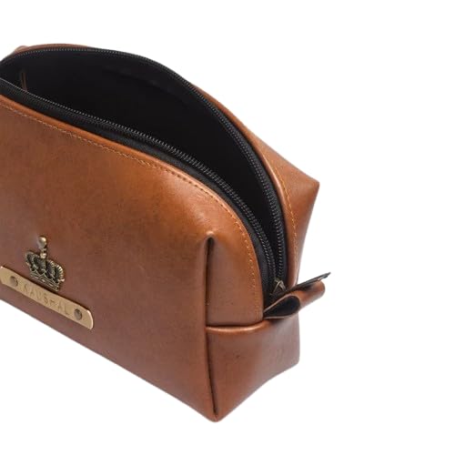 The Messy Corner Personalized Travel Pouch with Name  Charm Customized Multipurpose Utility Pouch for WomenShaving Vegan Leather Toiletry Bag for Men  Women Tan - Image 2