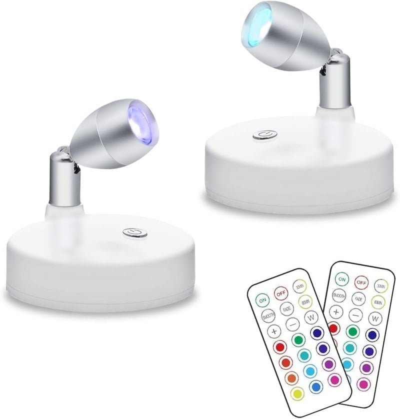 KINDEEP RGB Wireless LED Spotlight, Battery Operated Accent Lights, Indoor Mini Puck Light, Dimmable Uplight with Remote, 4000K Warm White, Stick on Wall Light with Rotatable Head, White, 2 Pack - Image 1