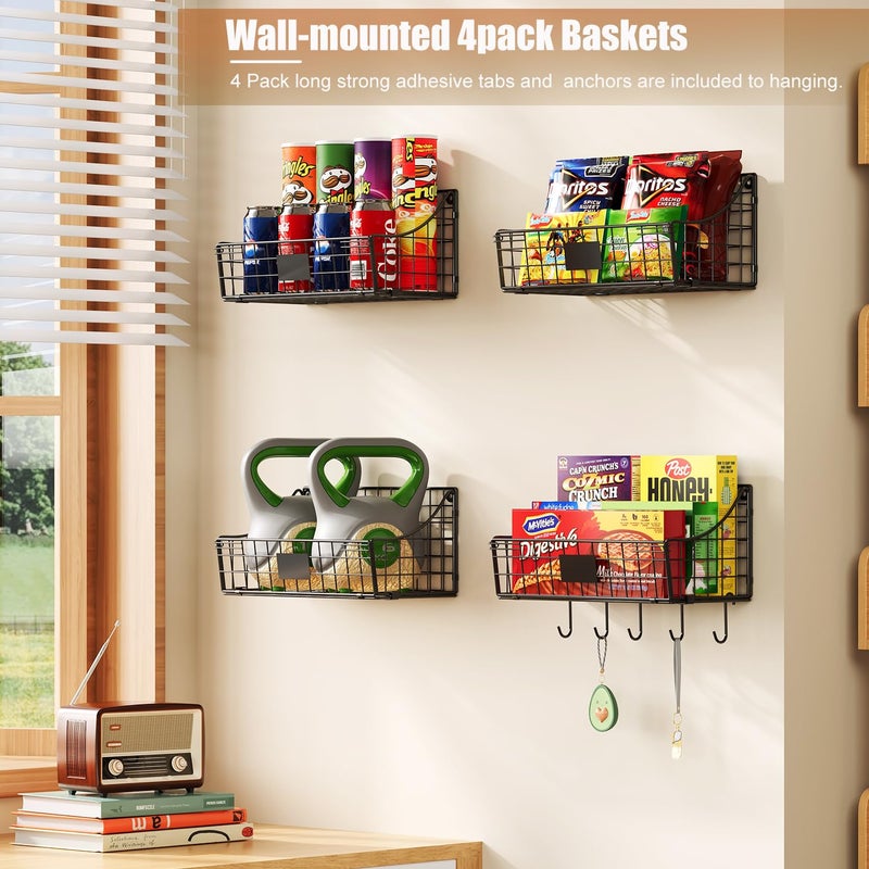 Sonyabecca 4 Pack Hanging Wall Basket for Organizing  Large Wire Basket for Storage Pantry with 5 S Hook+4 Adhesive Hook  Wall Mounted Shelf for Kitchen Bathroom - Image 4
